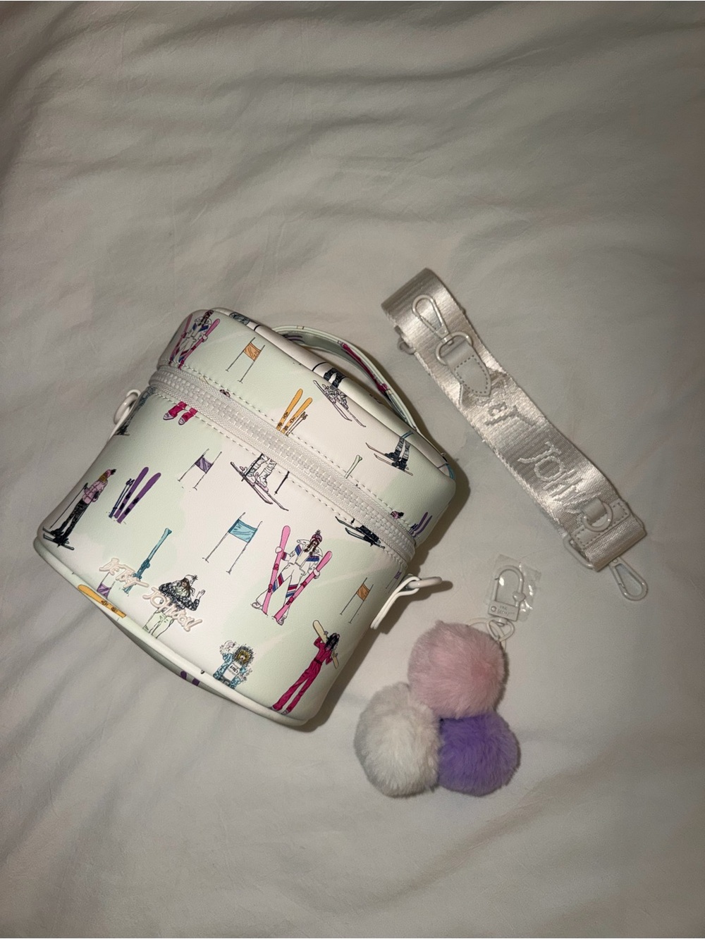 Betsey Johnson Ski Cosmetic Bag, Crossbody Strap, and Pom-Pom Keychain